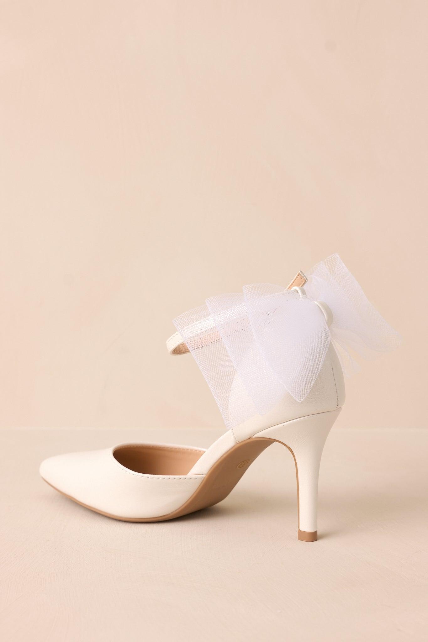Love At First Sight Ivory Pointed-Toe Bow Ankle Strap Heels Product Image