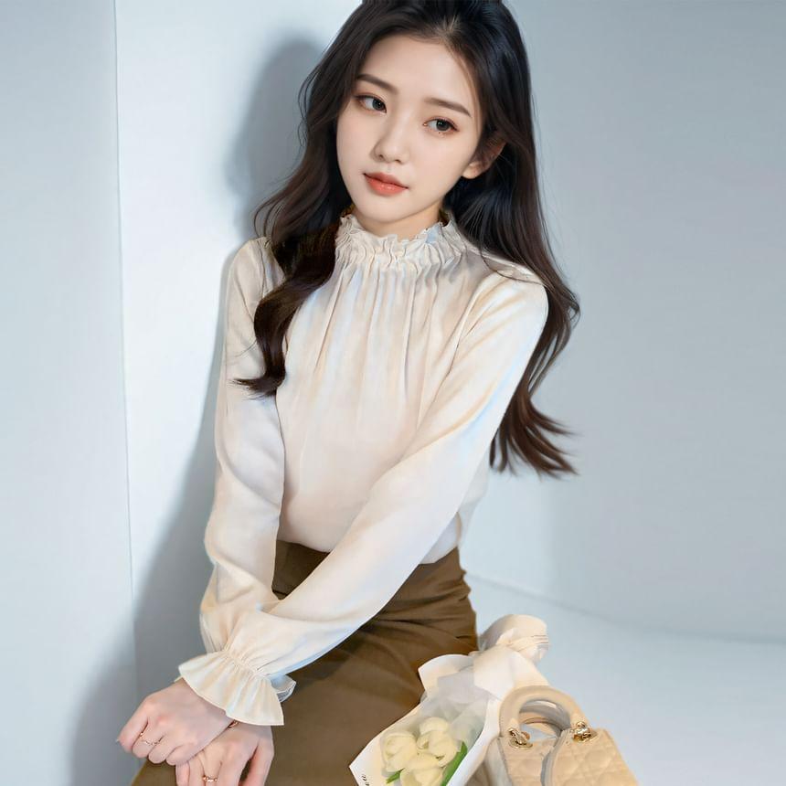 Long-Sleeve Plain Frill Trim Blouse Product Image