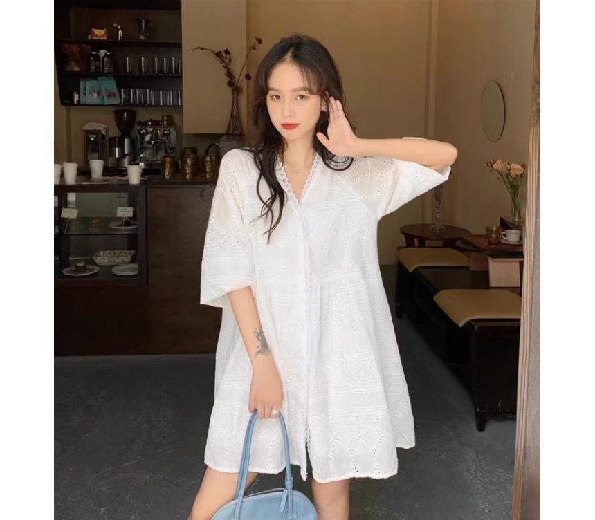 Elbow-Sleeve V-Neck Plain Eyelet Lace Button-Up Oversized Mini Dress Product Image