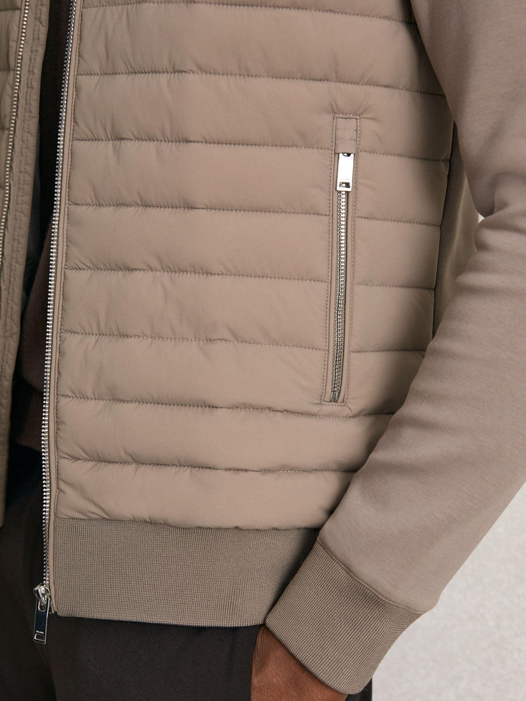 Hybrid Quilt and Knit Zip-Through Jacket in Taupe Brown Product Image