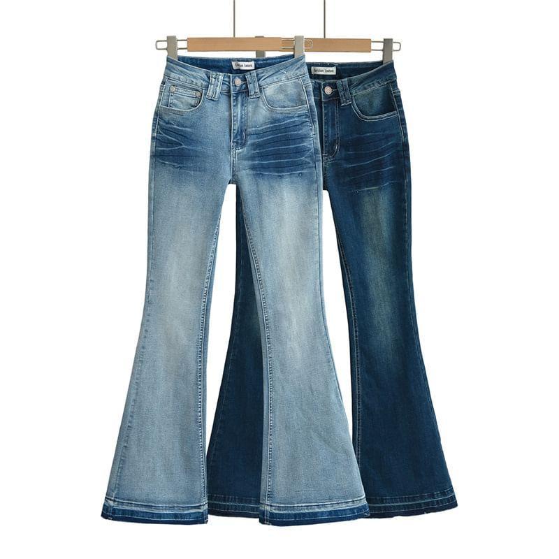 High Waist Washed Frayed Flared Jeans Product Image