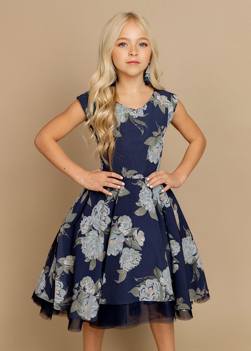 Lezah Petticoat Dress in Large Navy Floral Girls Product Image