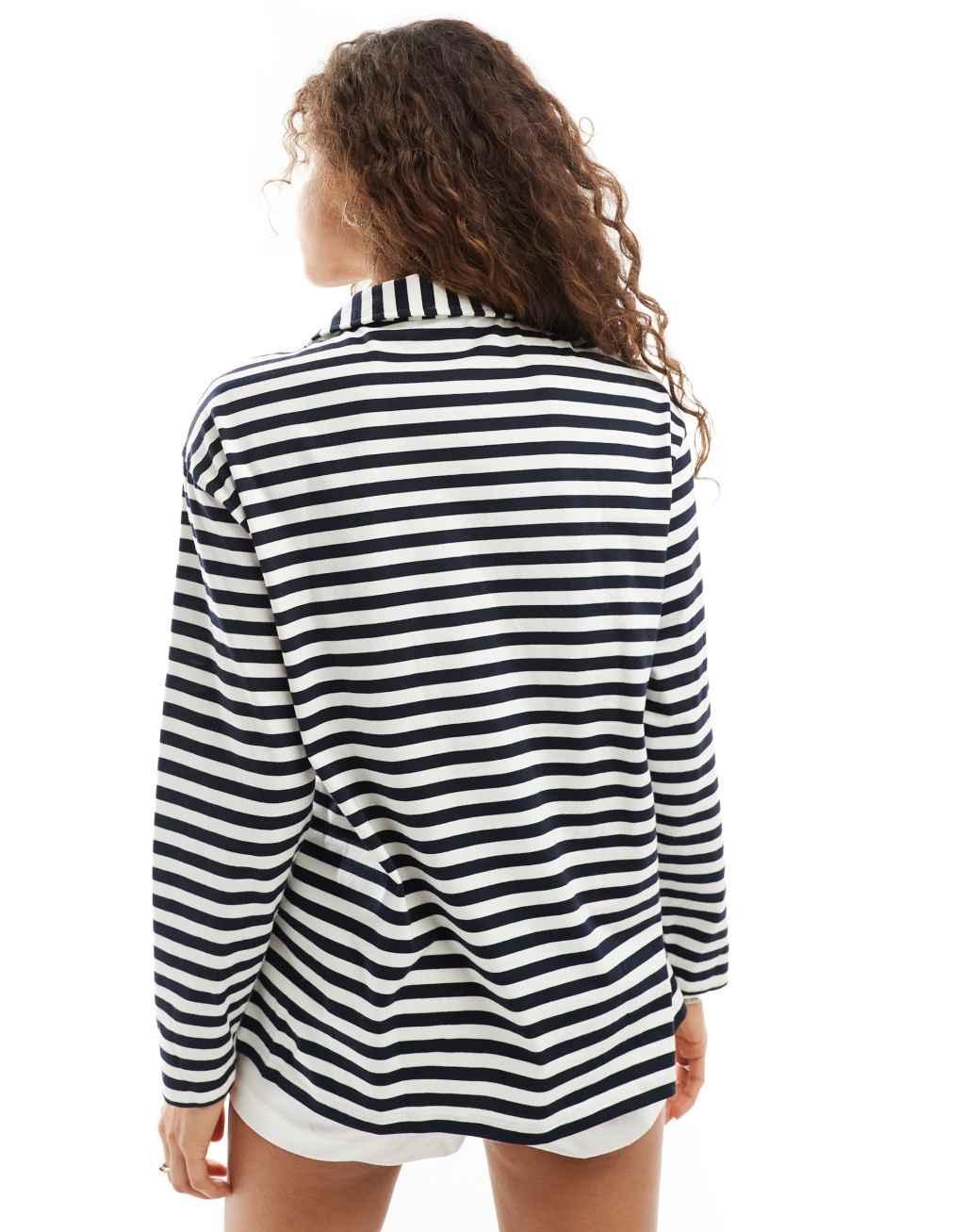 Urban Revivo tie detail relaxed striped sweater in blue and white Product Image