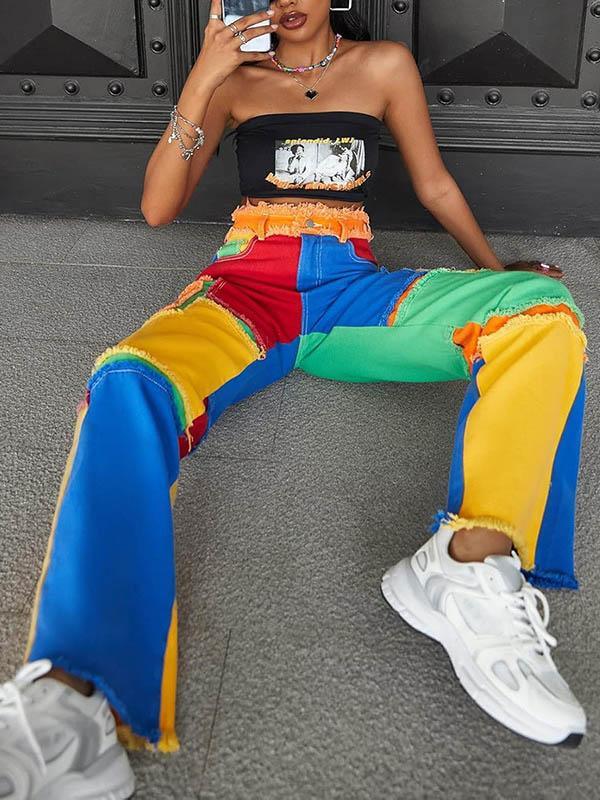 High Waisted Loose Buttoned Contrast Color Fringed Split-Joint Jean Pants Bottoms Trousers Product Image