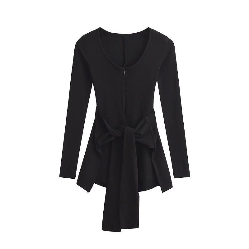 Set: Long Sleeve V-Neck Plain Zip Romper + Tie-Up Mini Skirt Product Image