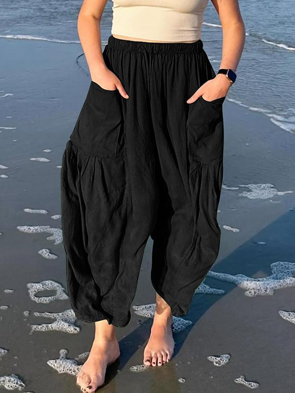 High Waisted Loose Drawstring Elasticity Pleated Pockets Solid Color Ninth Pants Trousers Product Image
