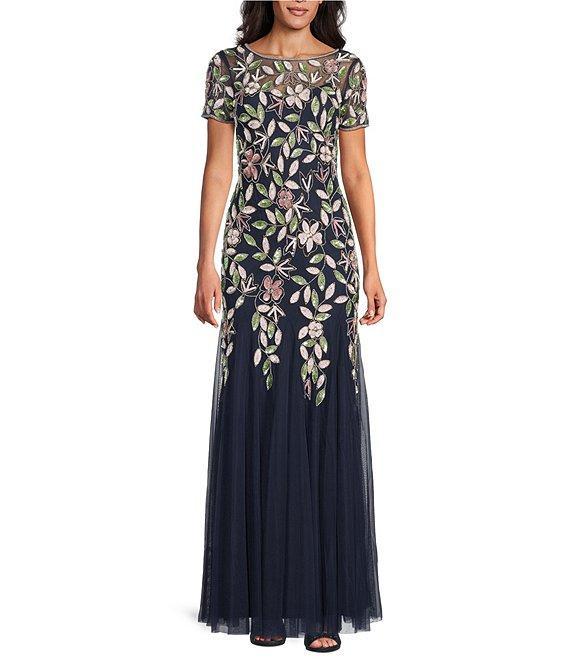 Adrianna Papell Short Sleeve Boat Neck Beaded Floral Mesh Gown Product Image