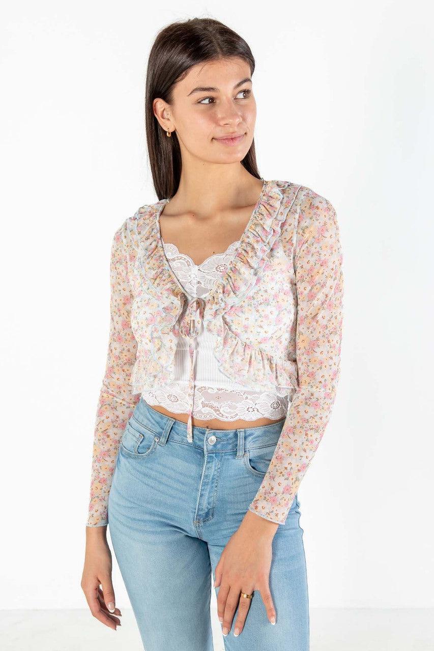 Floral Mesh Tie Front Top Product Image