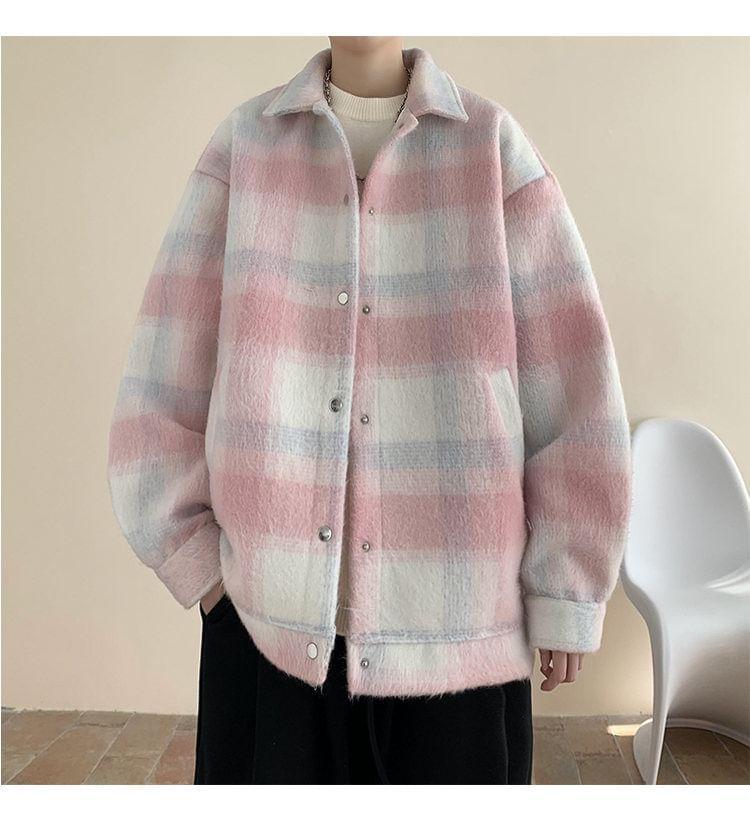 Drop Shoulder Collared Plaid Button Coat Product Image