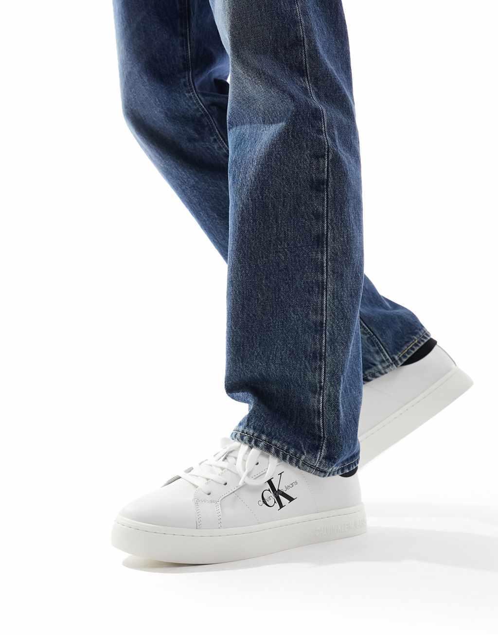 Calvin Klein Jeans leather classic low cupsole sneakers in white Product Image