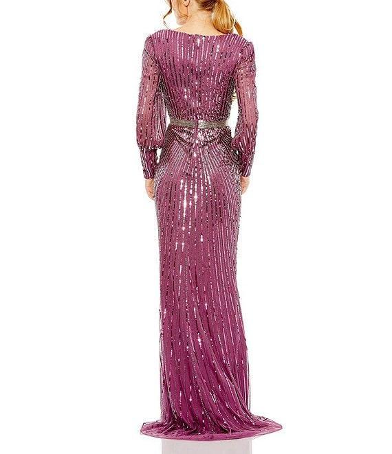 Mac Duggal Sequin Surplice V-Neck Long Bishop Sleeve Wrap Over Gown Product Image