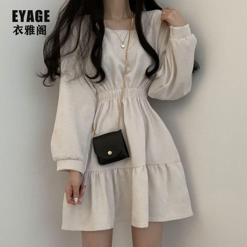 Long-Sleeve Square-Neck Plain Mini A-Line Dress Product Image