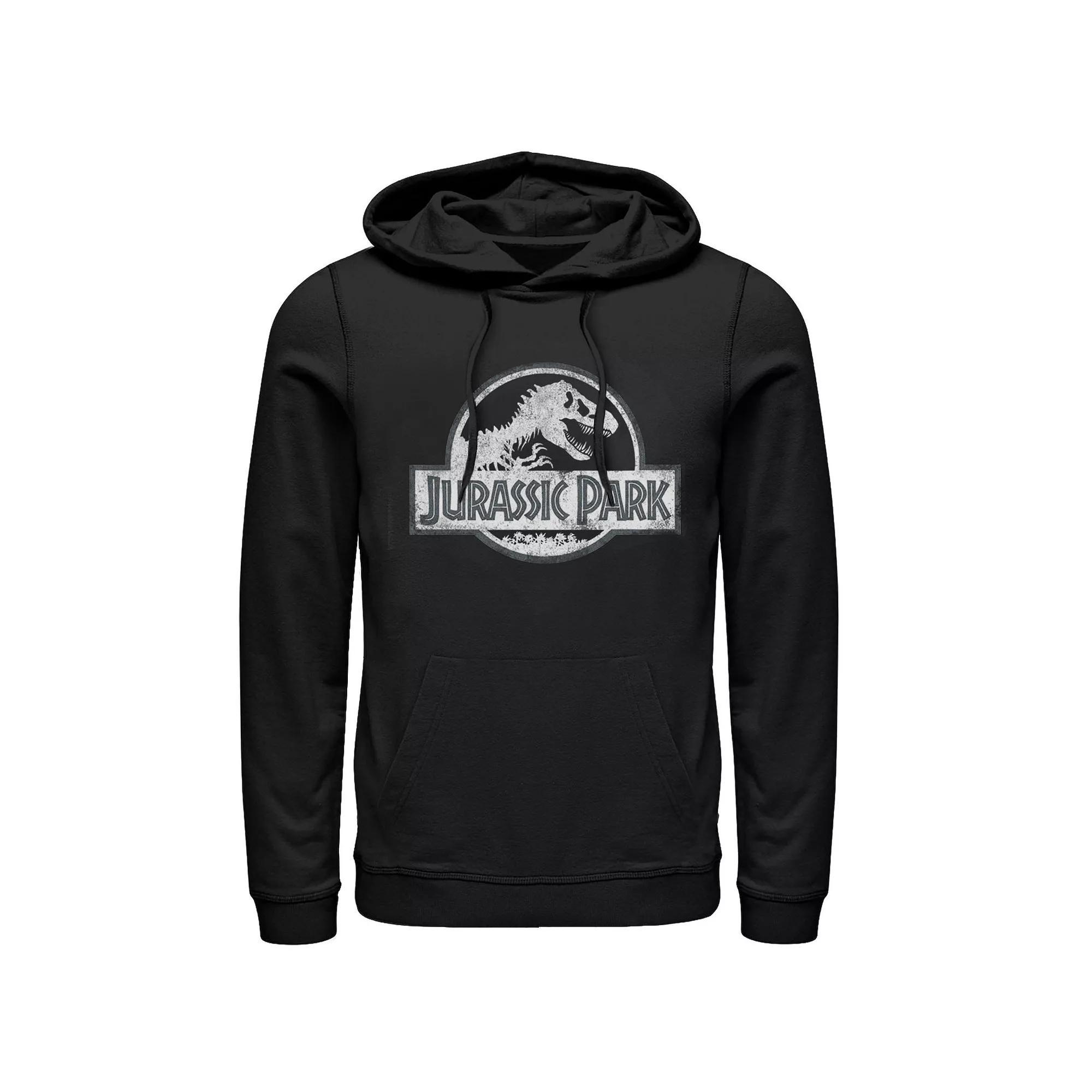 Men's Jurassic Park White Distressed Circle Logo Graphic Hoodie, Size: XL, Black Product Image