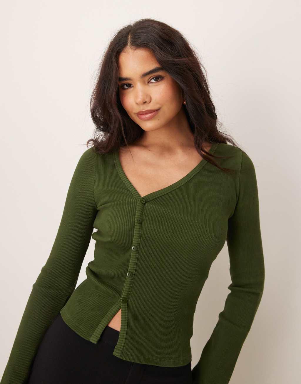 ASOS DESIGN supersoft ribbed asymmetric top in olive Product Image