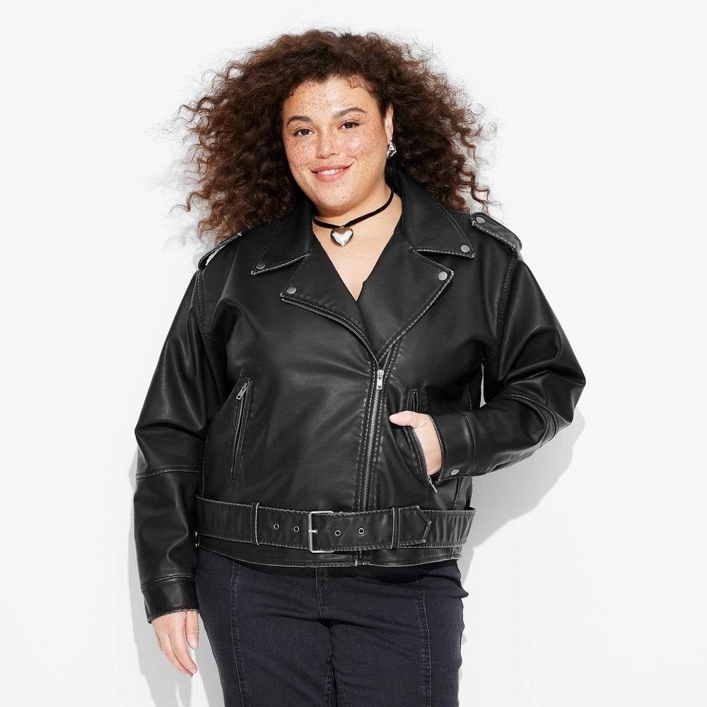 Women's Faux Leather Oversized Moto Jacket - Wild Fable™ Black XXL Product Image