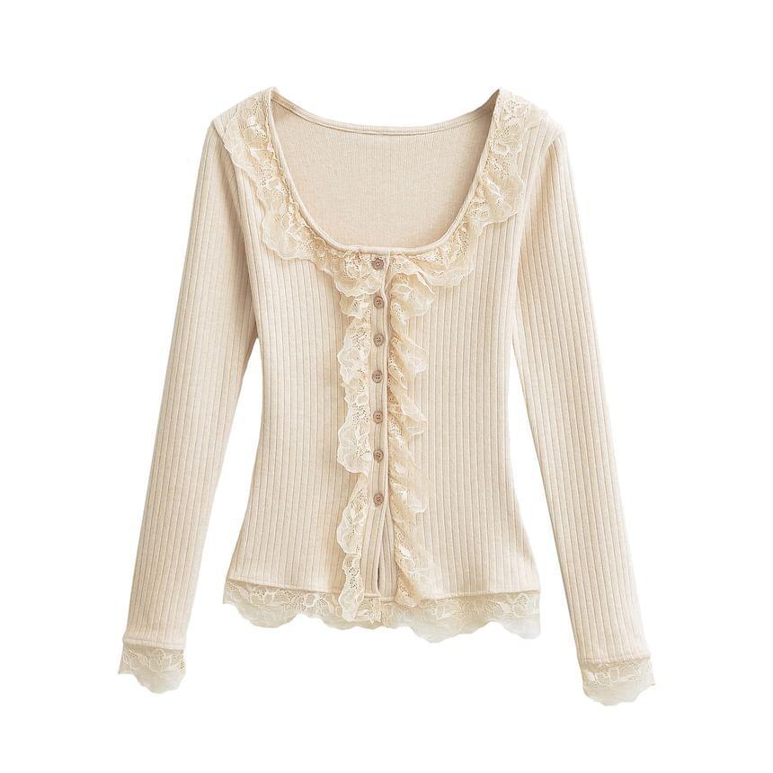 Long-Sleeve Square-Neck Plain Ribbed Lace Ruffle Knit Top Product Image