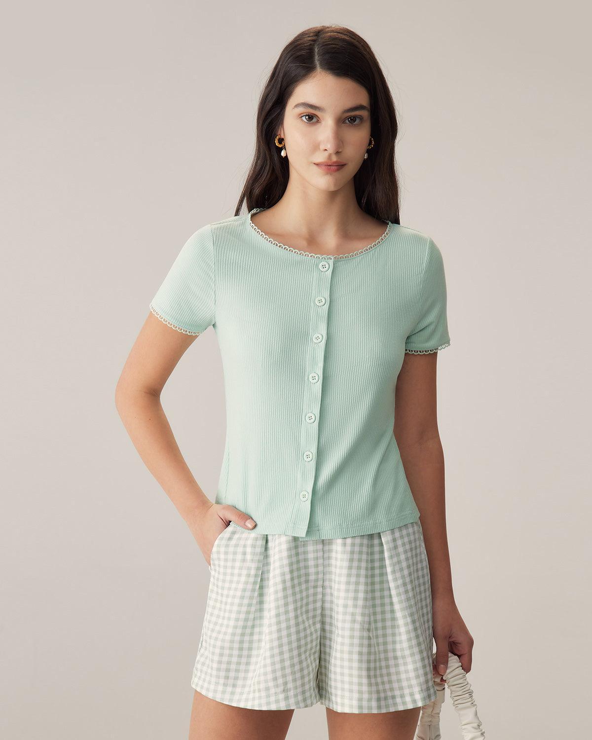Green Round Neck Button Slim Tee Product Image