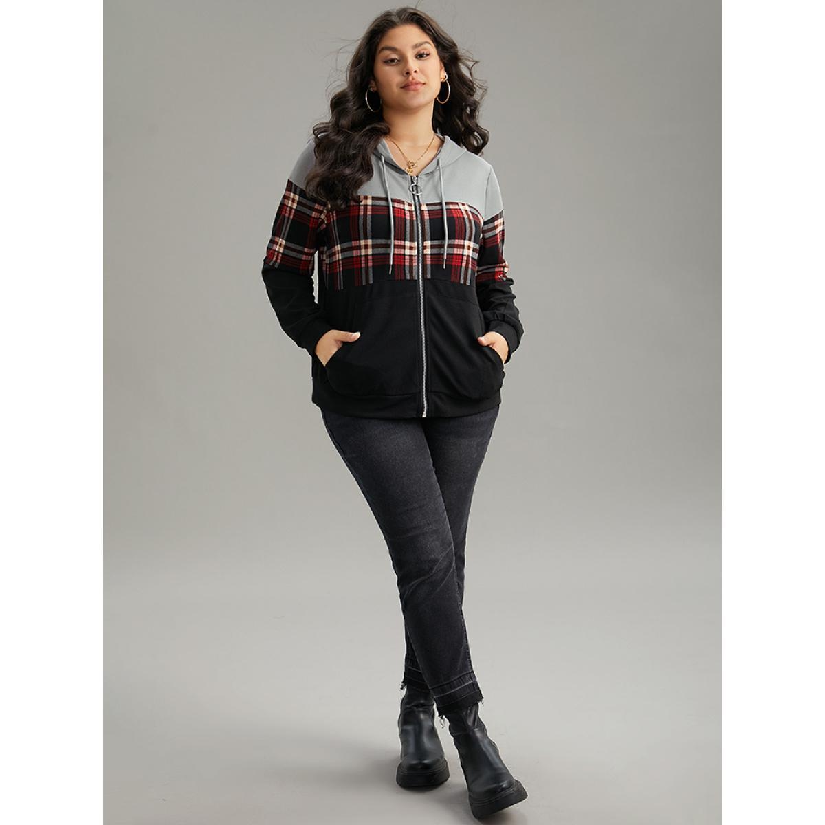 Plus Size Plaid Contrast Hooded O Ring Zipper Jacket Women Black Contrast Pocket Dailywear Jackets BloomChic 26/4X Product Image