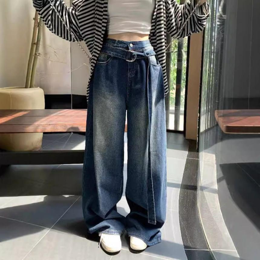 High Waist Belt Accent Washed Loose-Fit Wide-Leg Jeans Product Image