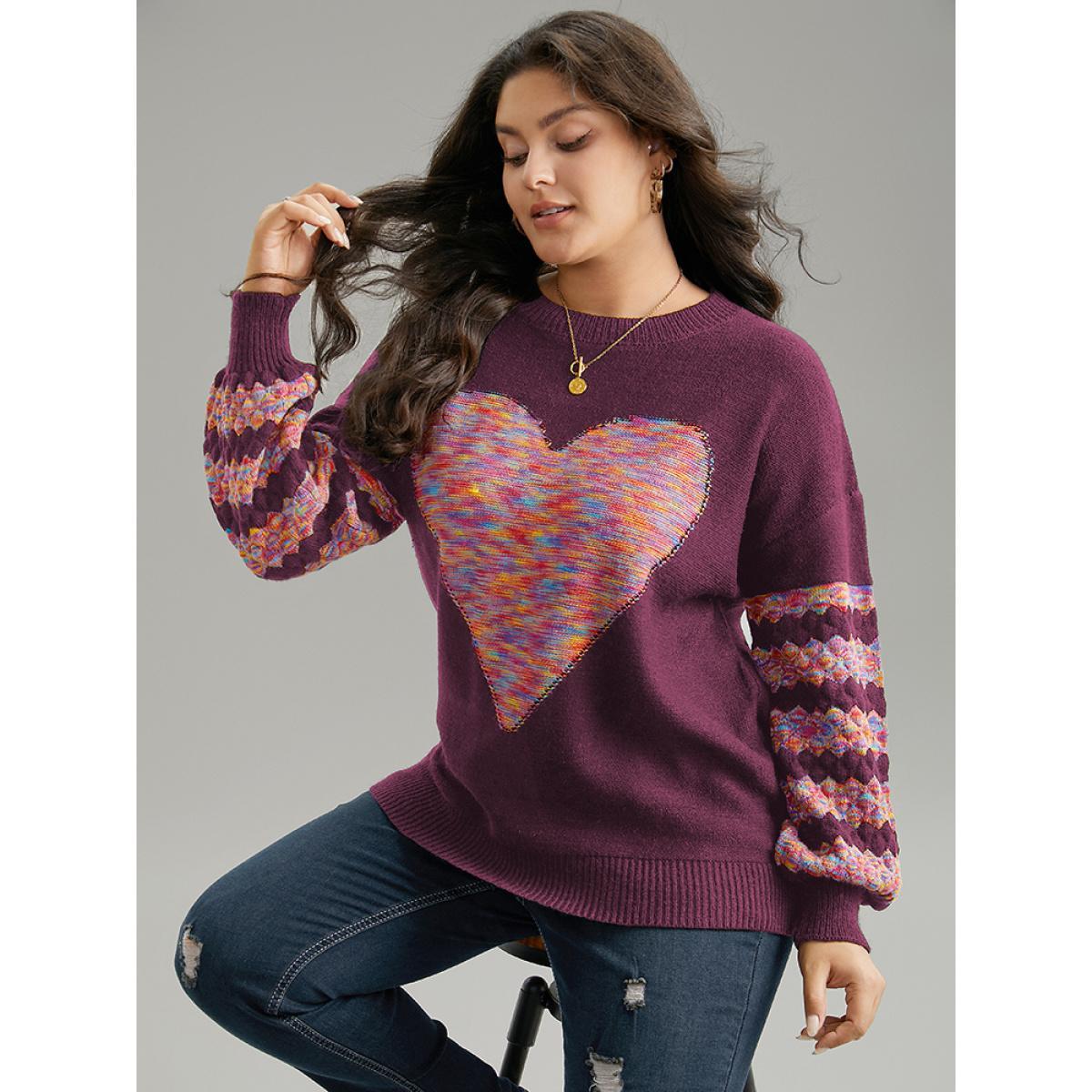 Plus Size Heart Heather Patchwork Crew Neck Pullover RedViolet Women Casual Loose Long Sleeve Round Neck Everyday Pullovers BloomChic 12/L Product Image