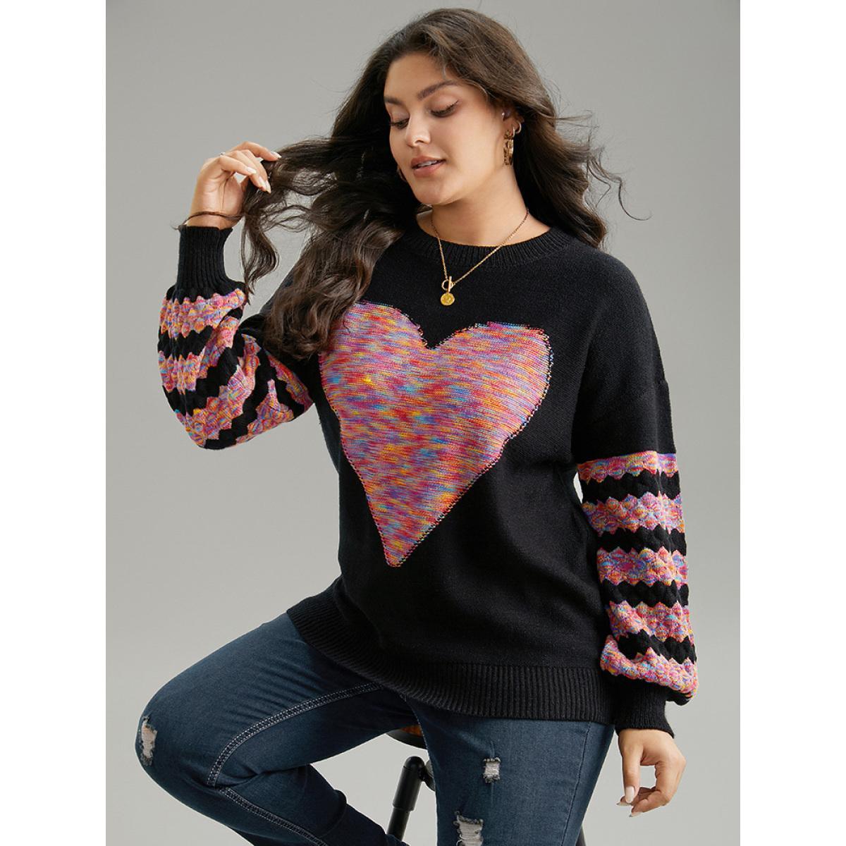 Plus Size Heart Heather Patchwork Crew Neck Pullover Black Women Casual Loose Long Sleeve Round Neck Everyday Pullovers BloomChic 14-16/1X Product Image