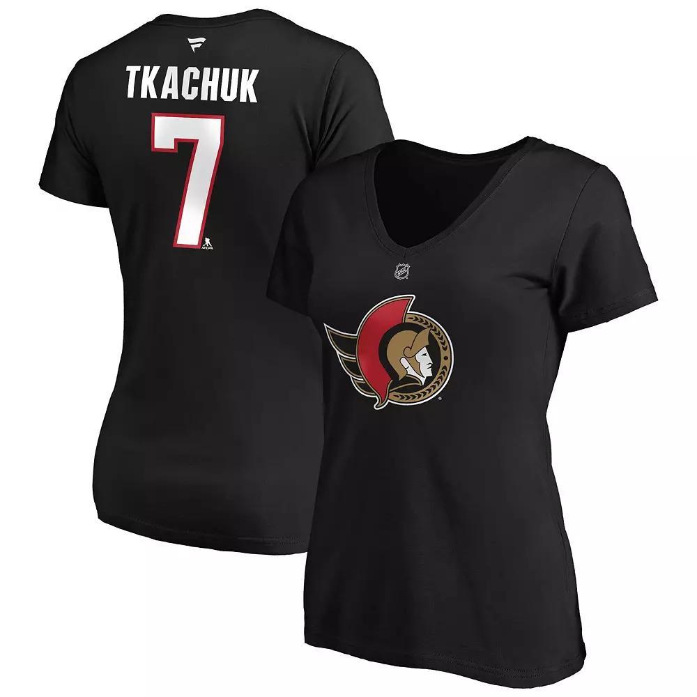 Women's Fanatics Branded Brady Tkachuk Black Ottawa Senators Authentic Stack Name & Number V-Neck T-Shirt,  Product Image