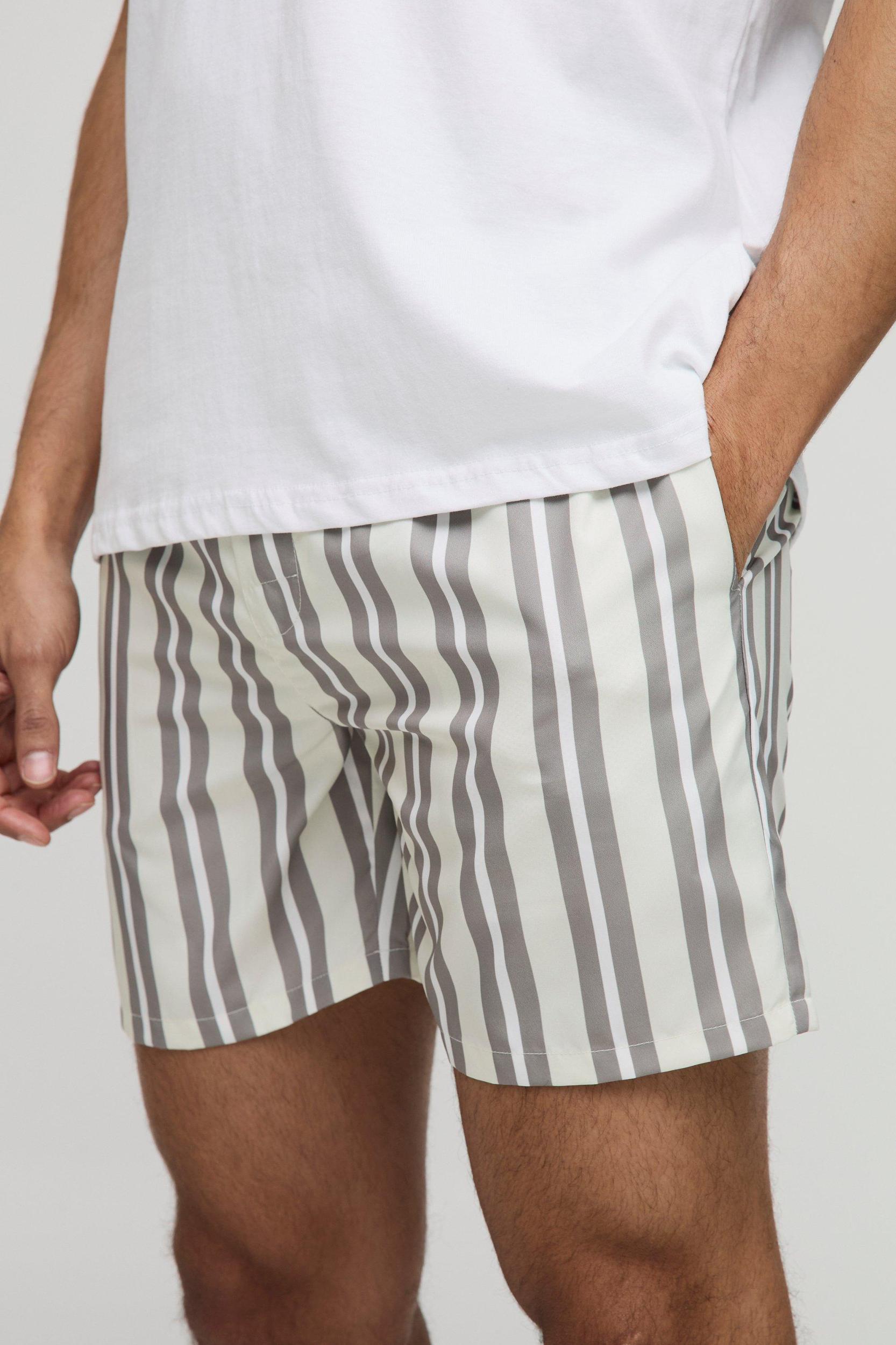 Regular Mid Length Stripe Swim Trunks | boohooMAN USA Product Image