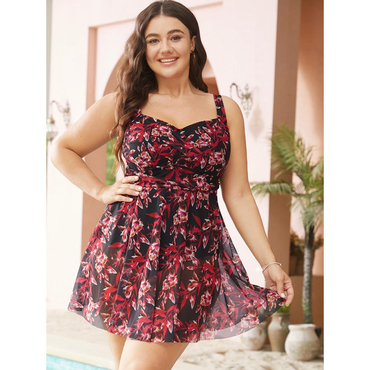Plus Size Floral Ruched Crossover Sculpt Waist V Neck Swim Dress Women's Swimwear BlackFlower Vacation Bodycon Spaghetti Strap High stretch Curve Swim Dresses BloomChic 30/6X Product Image