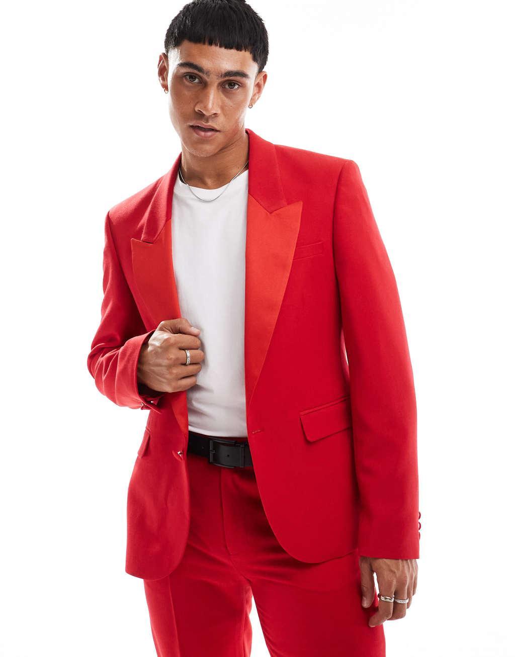 ASOS DESIGN low break slim tuxedo suit jacket in red Product Image