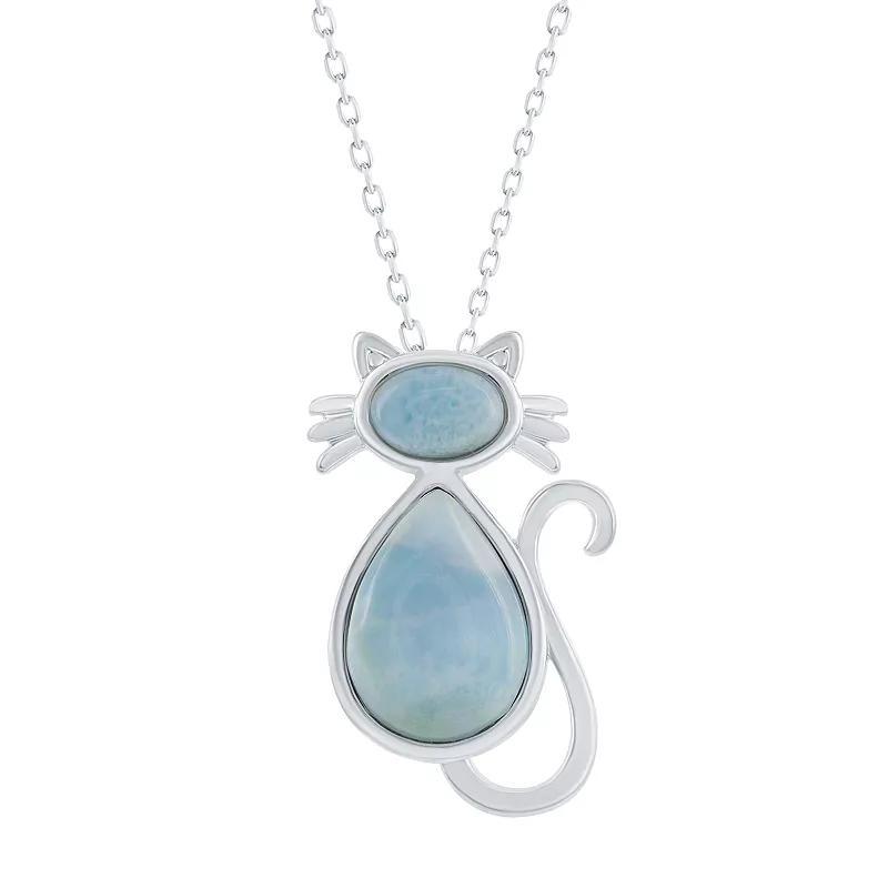 Sterling Silver Larimar Cat Pendant Necklace, Womens Silvertone Product Image