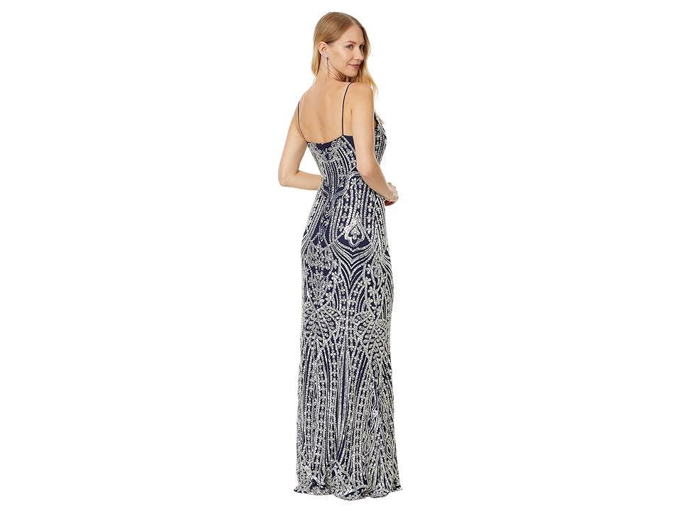 Betsy & Adam Long Beded Sequin Placement Slit (Navy/Silver) Women's Dress Product Image