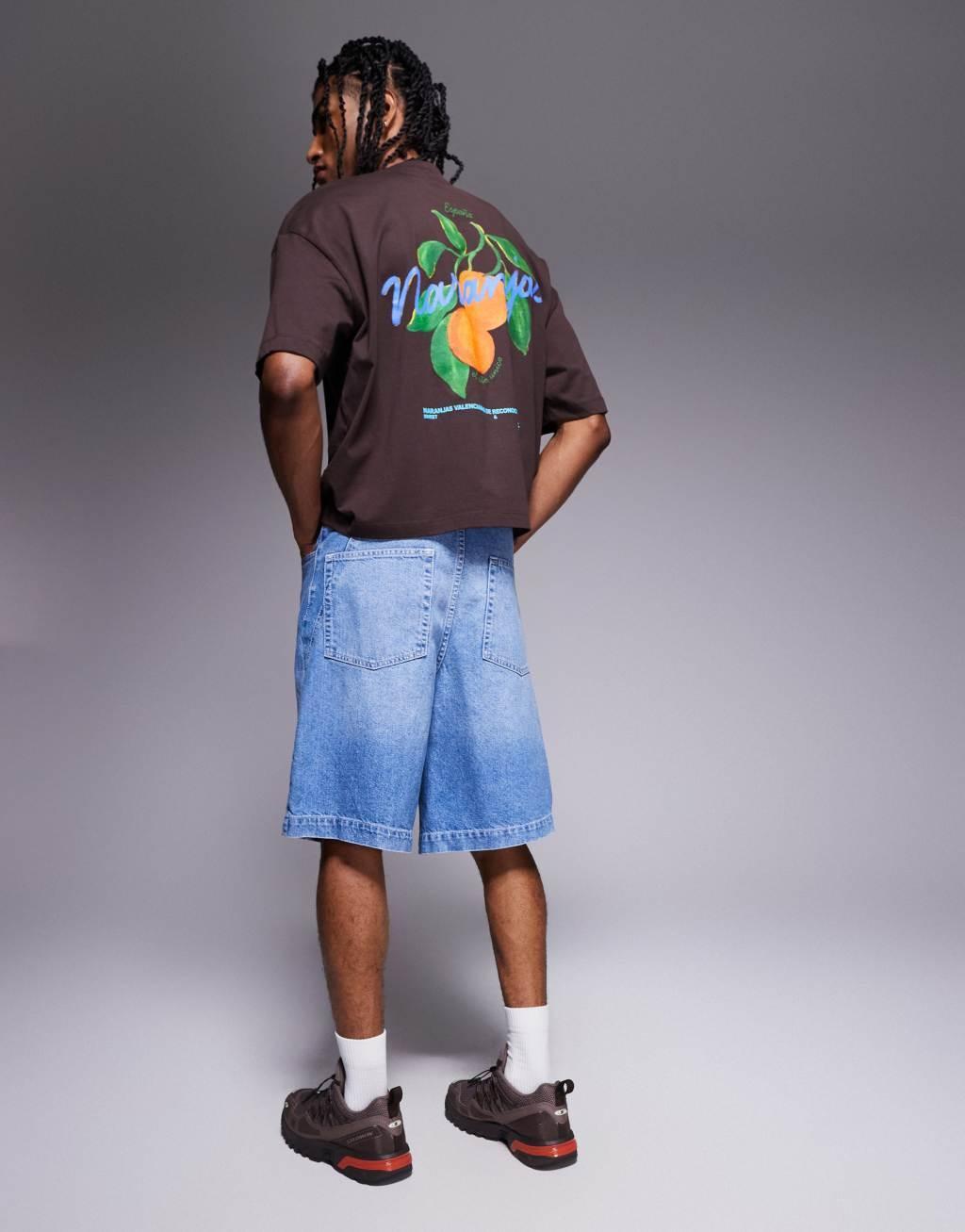 ASOS DESIGN boxy oversized T-shirt with front and back print in brown Product Image