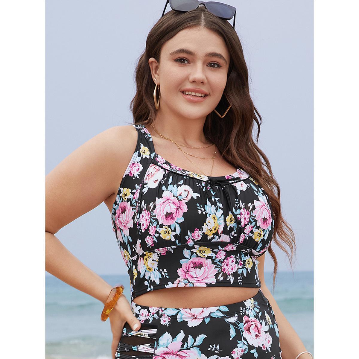 Plus Size Floral Ruched Knotted Crossover Back Tankini Top Women's Swimwear BlackFlower Vacation Adjustable Straps High stretch Skinny Curve Swim Tops BloomChic 14-16/1X Product Image