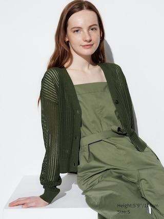 Womens Mesh V-Neck Long-Sleeve Short Cardigan Olive XL UNIQLO US Product Image