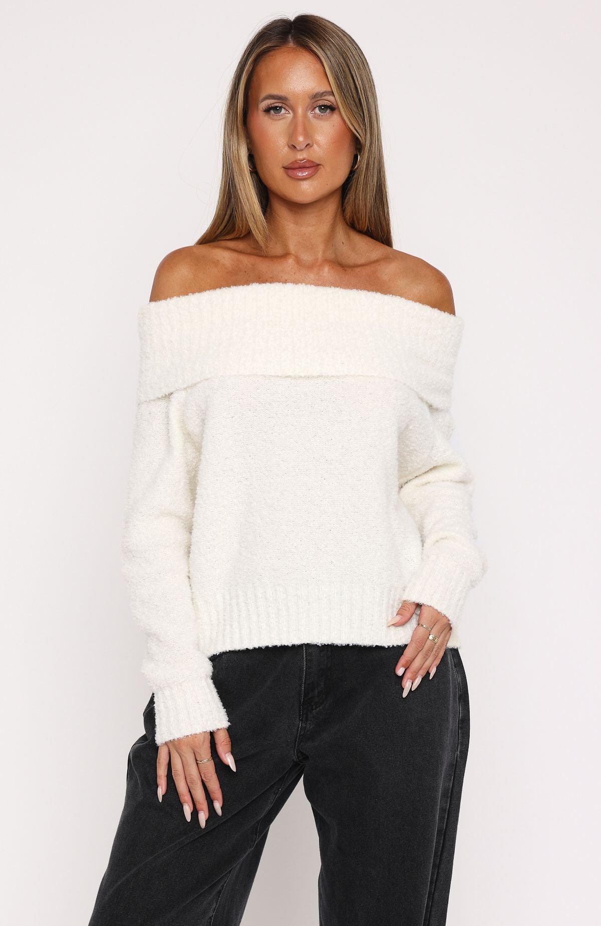 You Don't Need Me Off Shoulder Knit Sweater Off White Product Image