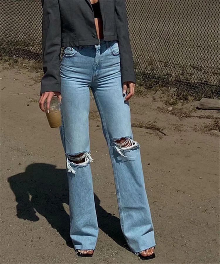 High-Waist Ripped Bootcut Jeans Product Image