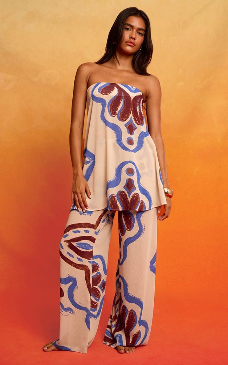  Cream Tile Print Crinkle Bandeau Long Top Product Image