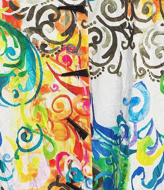 Ali Miles Plus Size Woven Abstract Multi Print Point Collar 3/4 Roll-Tab Sleeve Button-Front Tunic Product Image