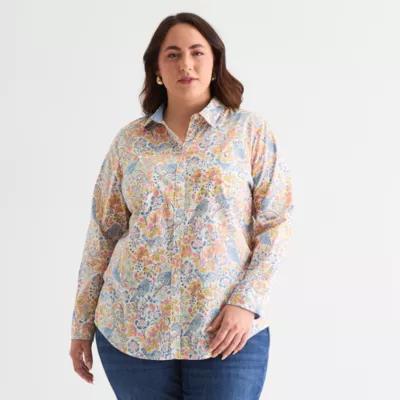 St. John's Bay Womens Long Sleeve Cuffed Sleeve Regular Fit Plus Button-Down Shirt Product Image
