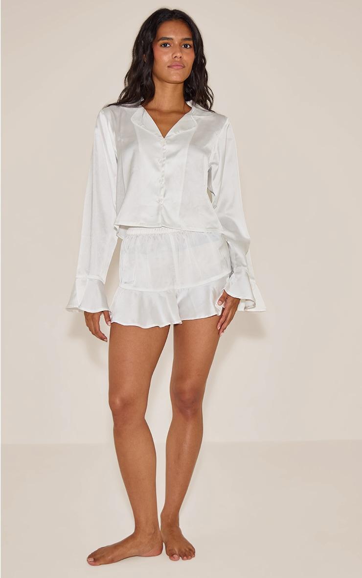 White Flute Sleeve Satin Short Pj Set Product Image