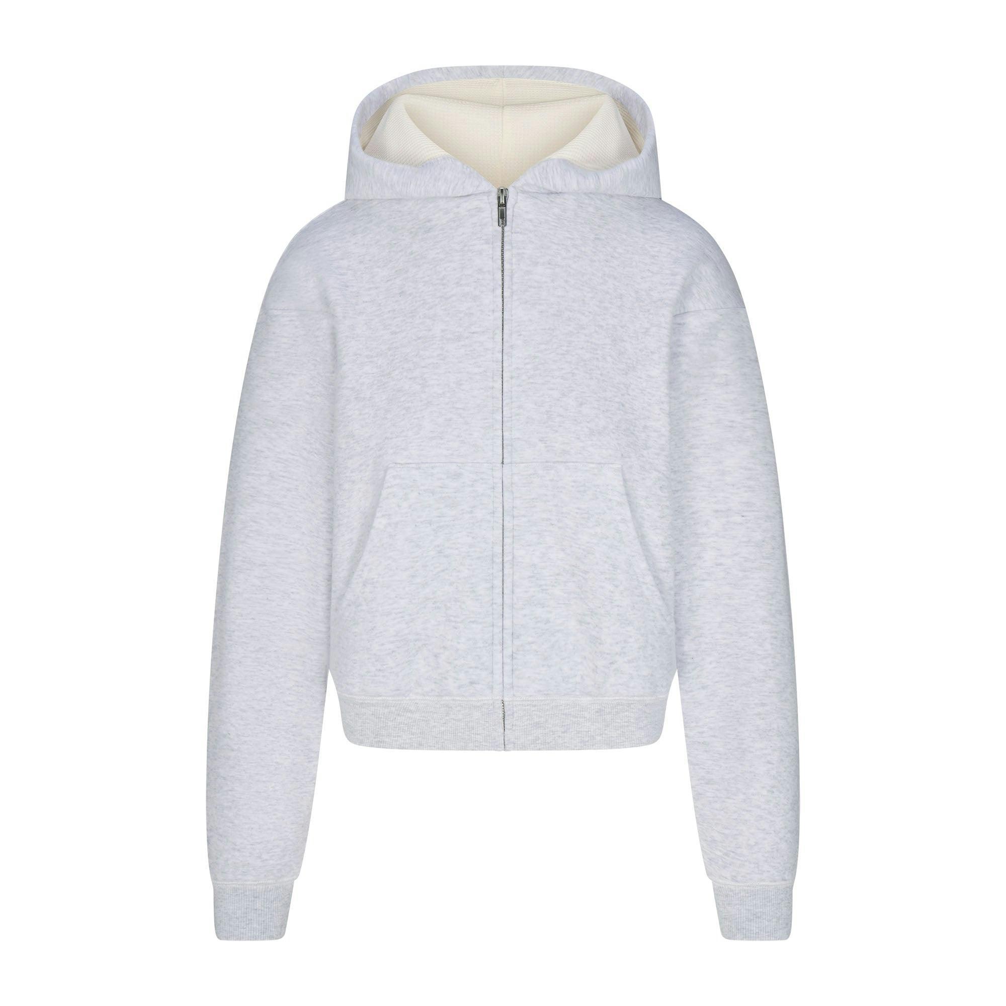 COTTON FLEECE WAFFLE LINED SHRUNKEN ZIP UP HOODIE | LIGHT HEATHER GREY Product Image