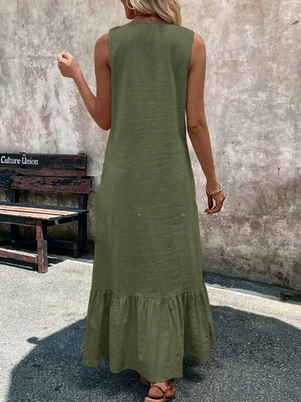 A-Line Loose Pleated Ruffle Trim Solid Color V-Neck Maxi Dresses Product Image