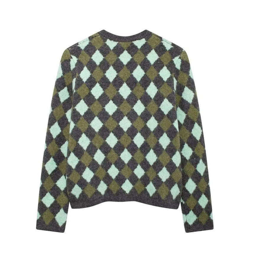 Crew Neck Diamond Jacquard Button-Up Cardigan Product Image