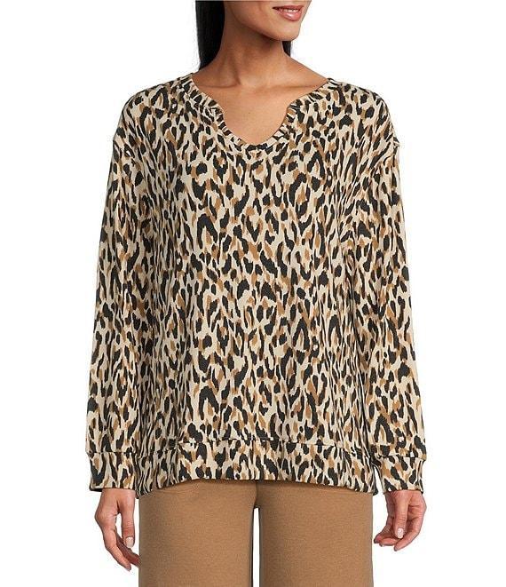 Westbound Leopard Print Notch Neck Long Sleeve Ribbed Top Product Image
