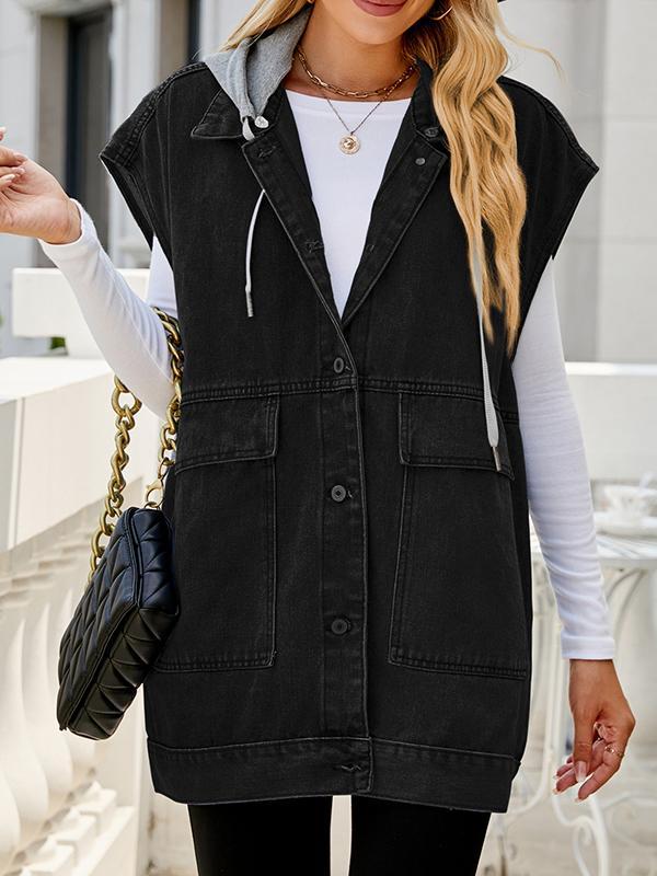 Loose Sleeveless Buttoned Detachable Hooded Pockets Split-Joint Lapel Collar Vest Outerwear Product Image