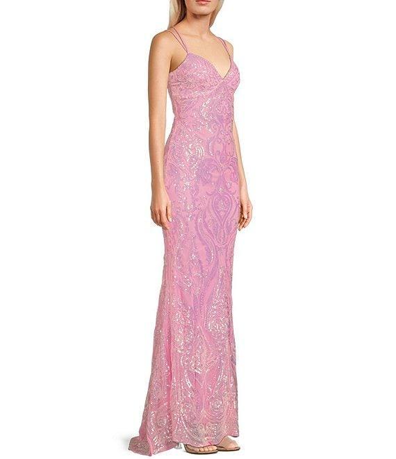 B. Darlin Sequin Pattern V-Neck Double Spaghetti Strap Lace Up Back Dress Product Image