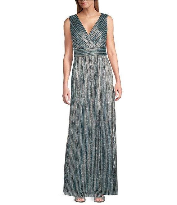 R & M Richards V Neck 3/4 Sleeve Drape Front Matte Jersey Chiffon/Foil Print 2-Piece Jacket Dress Product Image