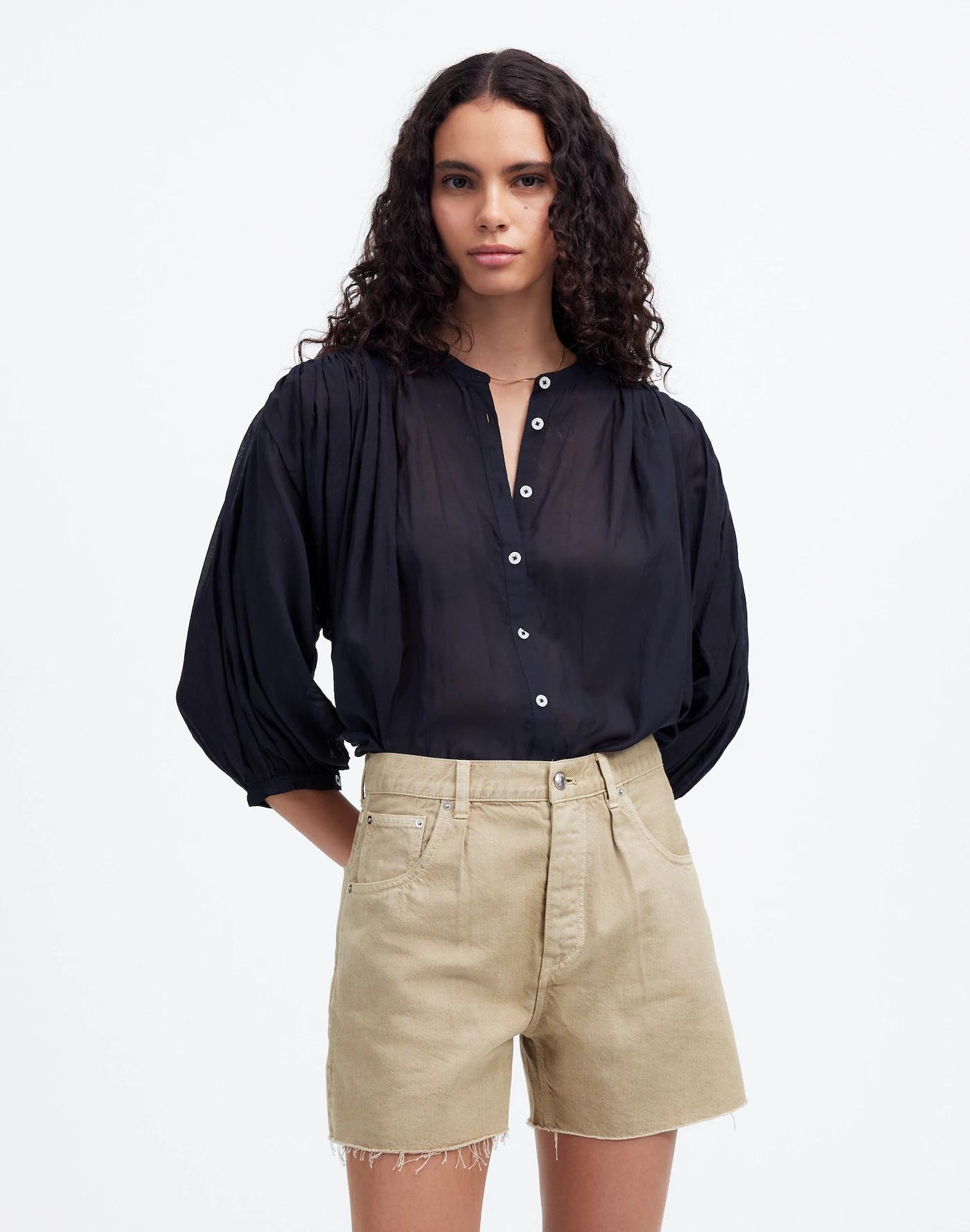 Pleated Low-Slung Denim Shorts: Airy Denim Edition Product Image