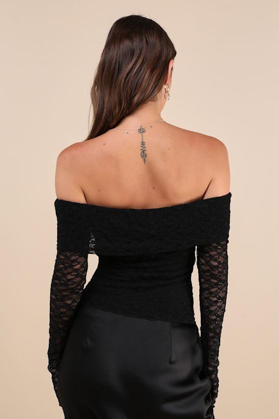 Serene Date Black Lace Off-the-Shoulder Long Sleeve Top Product Image