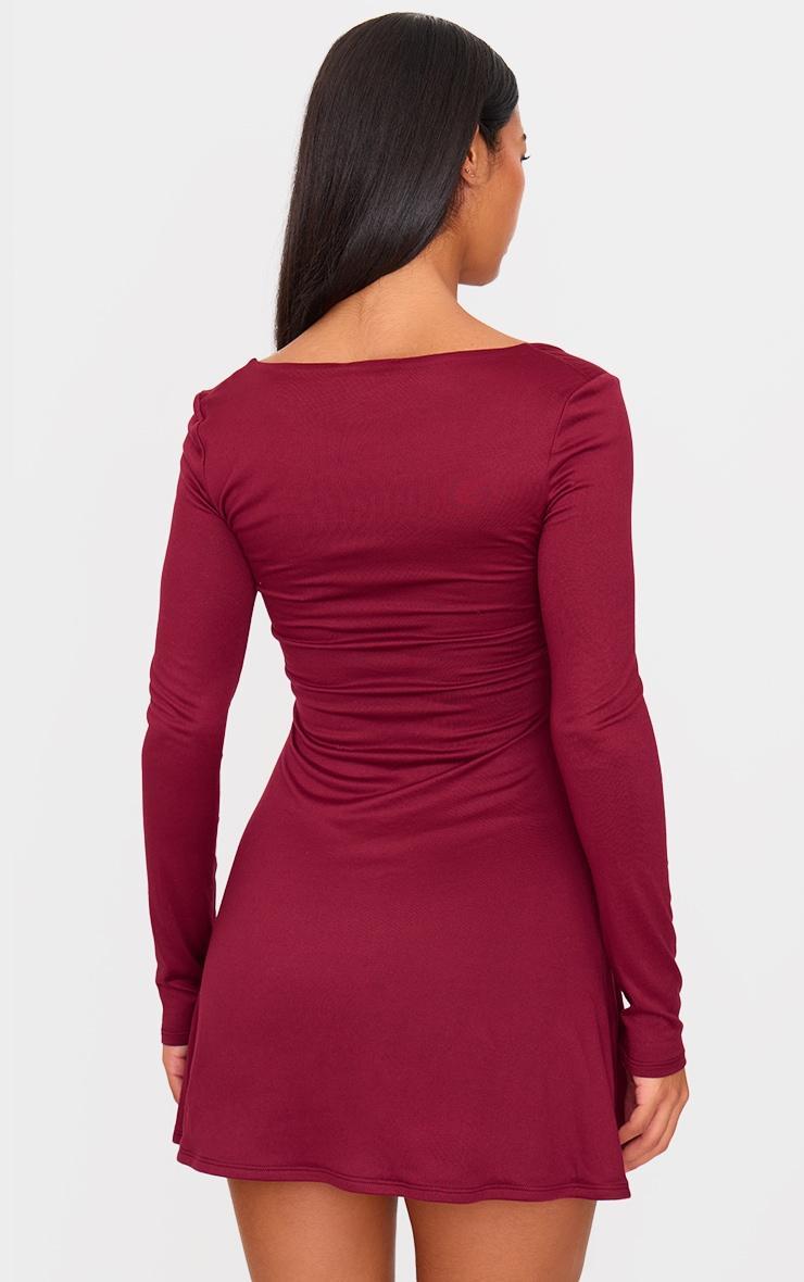 Burgundy Double Contour Square Neck Long Sleeve Bodycon Dress Product Image